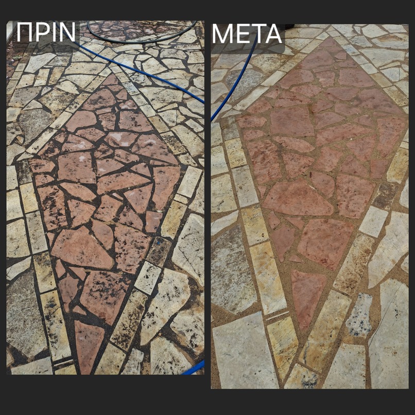 Before and after hydro-sandblasting on stone flooring